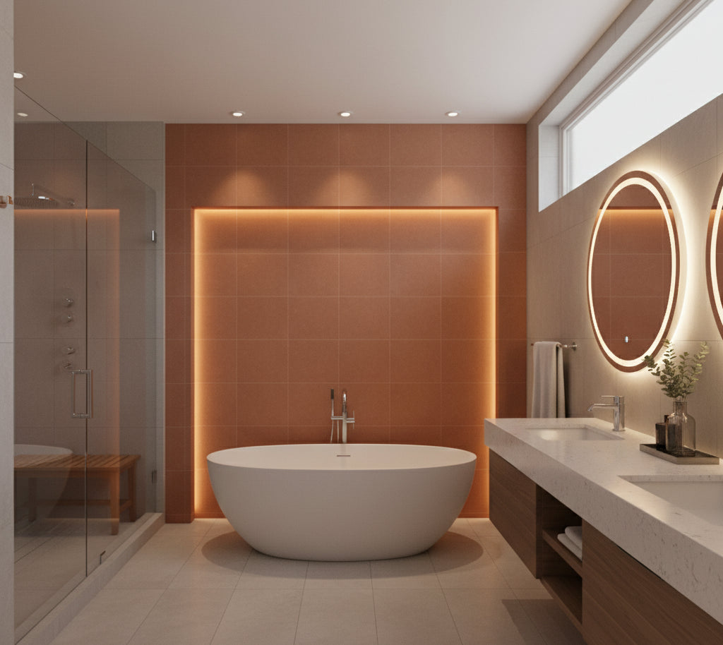 Novasuede™ Fabric & Wallcovering - Henna - bathroom room setting