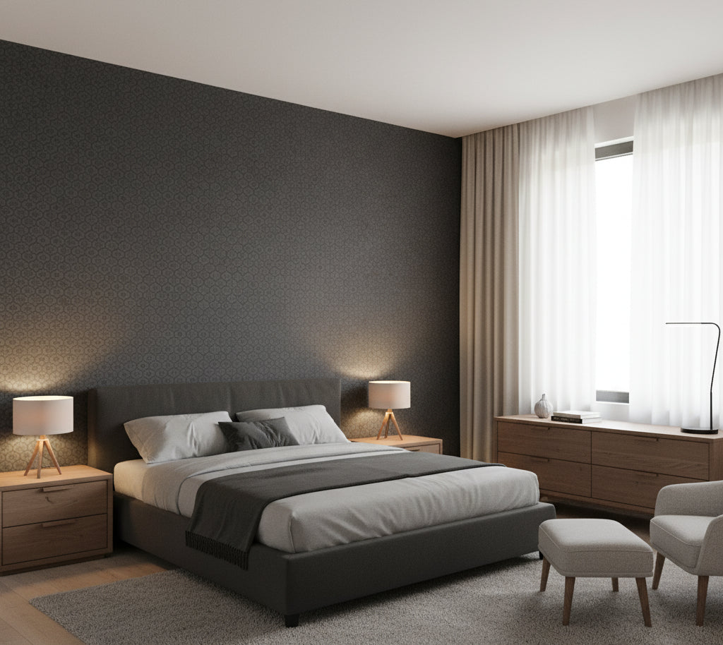 Novasuede™ Fabric & Wallcovering - Noir - bedroom room setting
