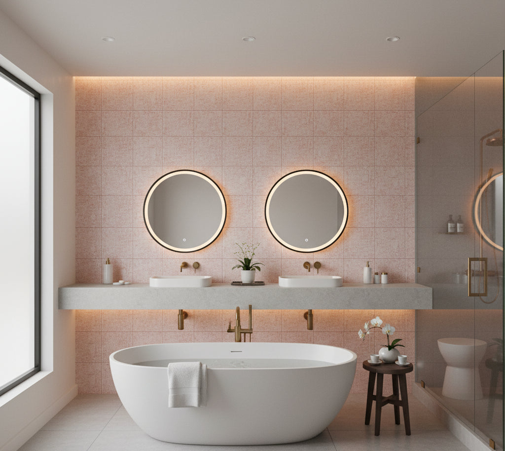 Novasuede™ Fabric & Wallcovering - Pastel Pink - bathroom room setting