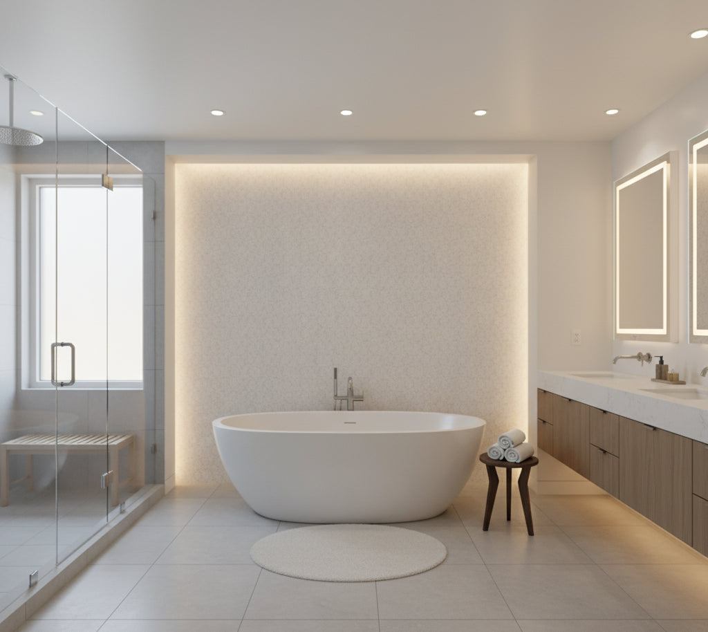 Novasuede™ Fabric & Wallcovering - Snow - bathroom room setting