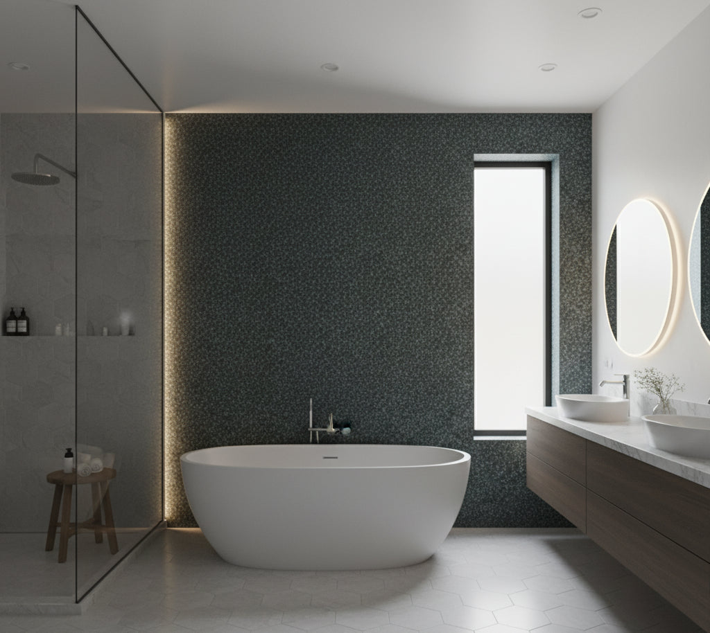 Novasuede™ Fabric & Wallcovering - Spruce - bathroom room setting