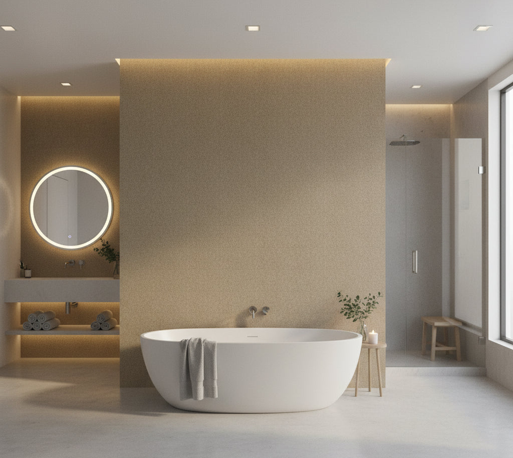 Novasuede™ Fabric & Wallcovering - Woodland - bathroom room setting
