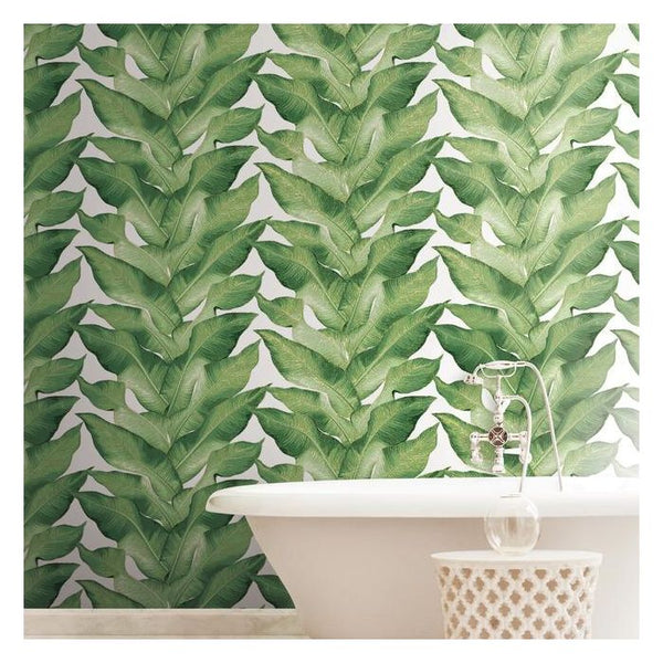 Stripe Palm Tropical Wallcovering - White Green