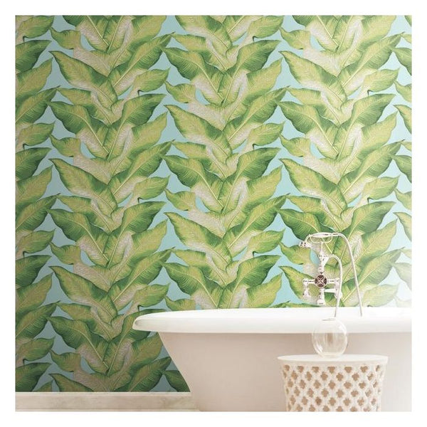 Stripe Palm Tropical Wallcovering - Light Blue Sage