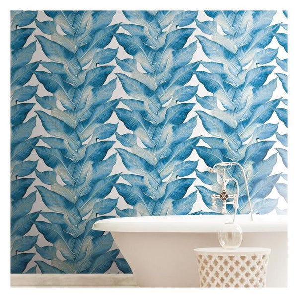 Stripe Palm Tropical Wallcovering - Ocean Blue