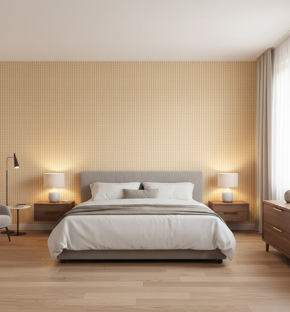 Orvieto Honey Micro Basketweave Grasscloth Wallcovering | Fentucci - bedroom room setting