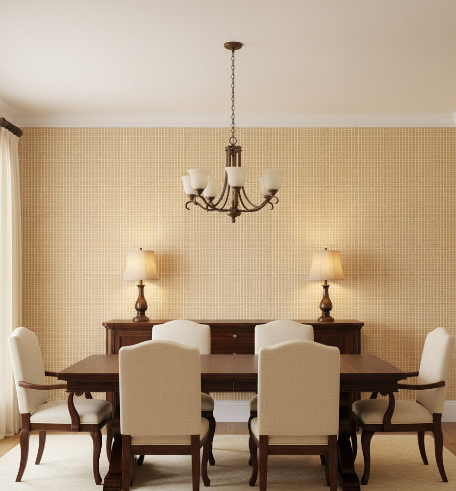 Orvieto Honey Micro Basketweave Grasscloth Wallcovering | Fentucci - dining room room setting