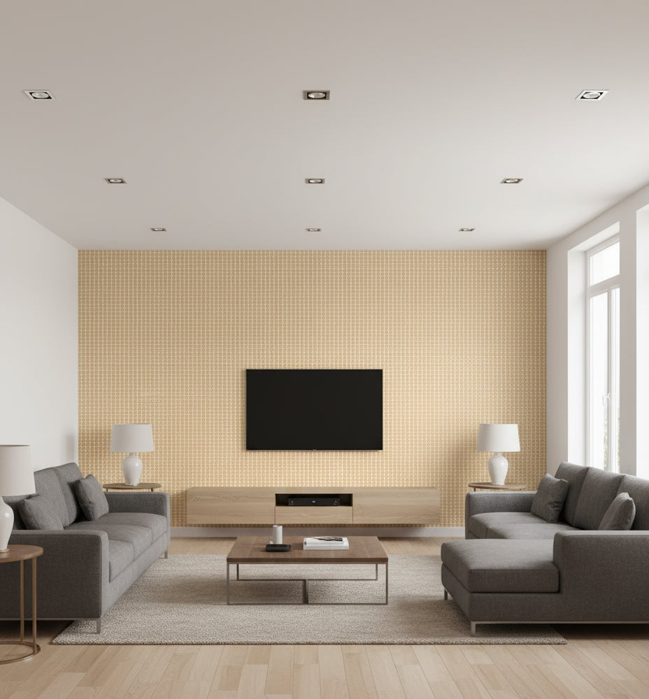 Orvieto Honey Micro Basketweave Grasscloth Wallcovering | Fentucci - living room room setting
