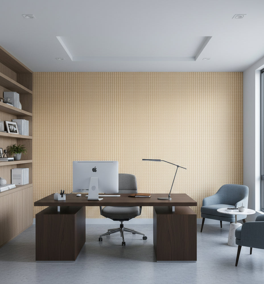 Orvieto Honey Micro Basketweave Grasscloth Wallcovering | Fentucci - office room setting