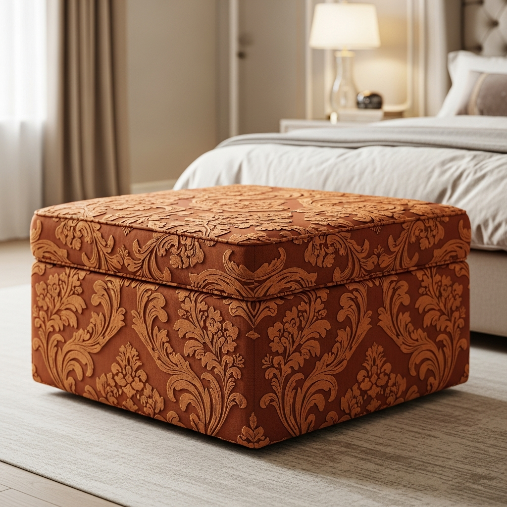 Embossed Floral Scroll Rustic Sienna Upholstered Ottoman | Architectural Fabrics