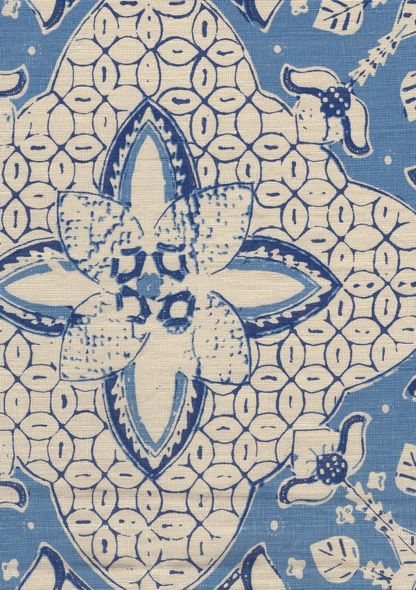 New Batik Pacific Blue New Navy on Tan Screen Printed Fabric | China Seas