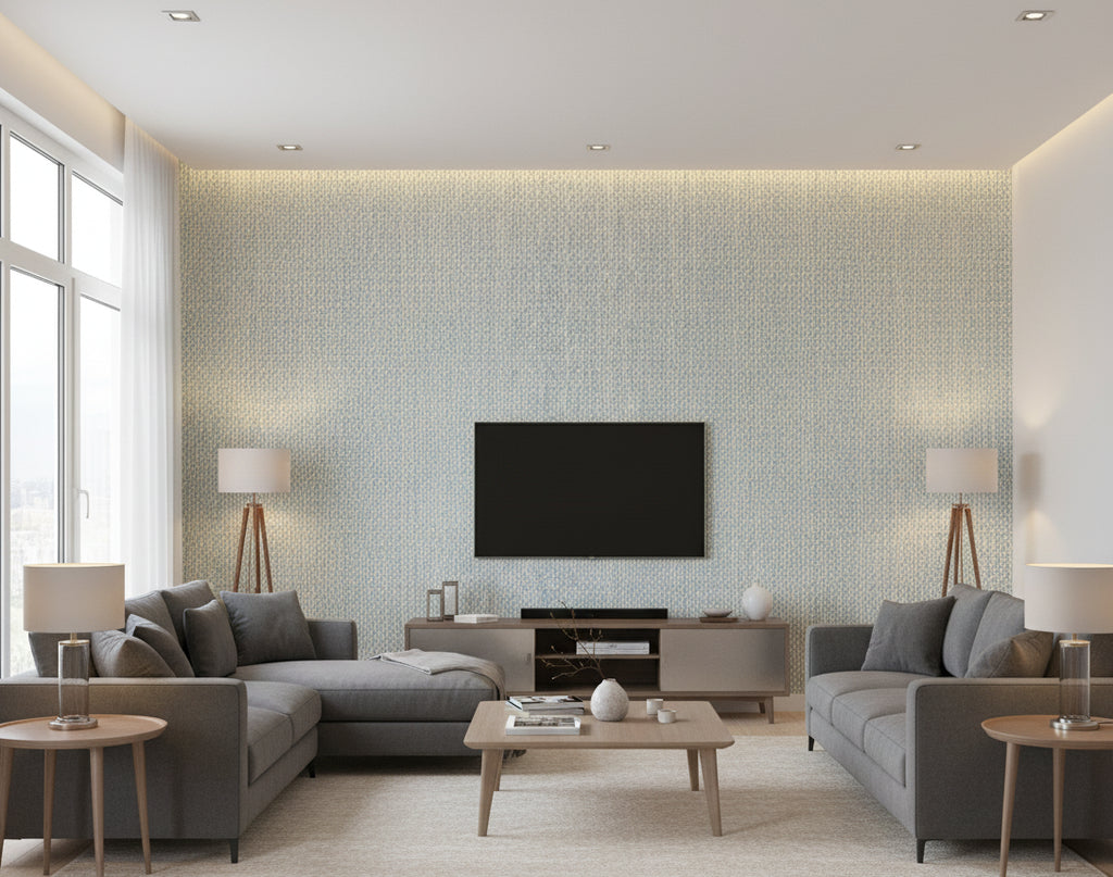 Pacific PaperWeave Grass Light Blue - living room room setting
