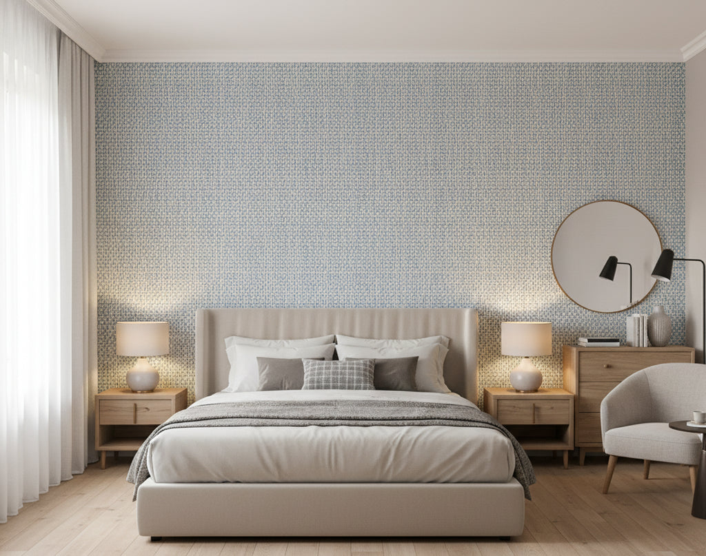 Pacific PaperWeave Grass Sky Blue | Phillipe Romano - bedroom room setting