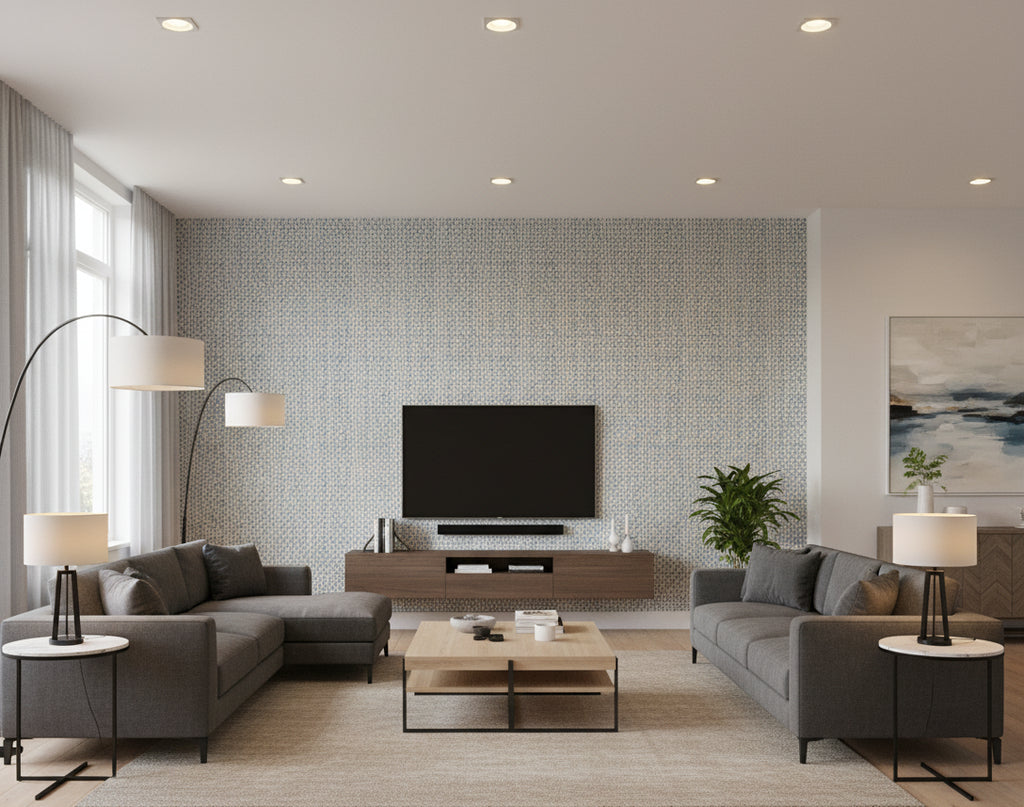 Pacific PaperWeave Grass Sky Blue | Phillipe Romano - living room room setting