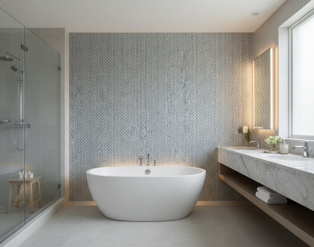 Pacific PaperWeave Grass Blue | Phillipe Romano - bathroom room setting