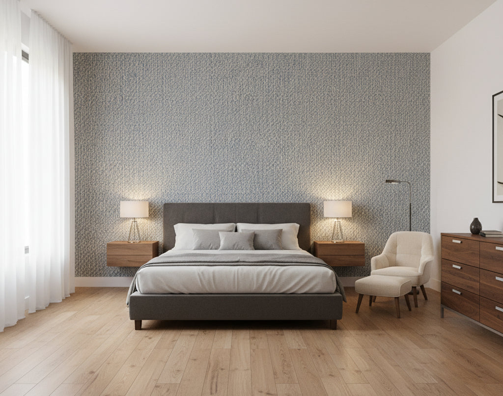 Pacific PaperWeave Grass Blue | Phillipe Romano - bedroom room setting