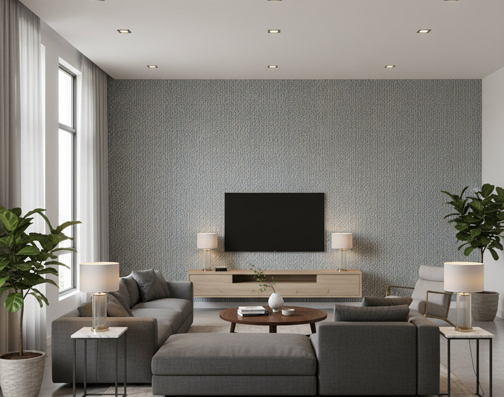 Pacific PaperWeave Grass Blue | Phillipe Romano - living room room setting