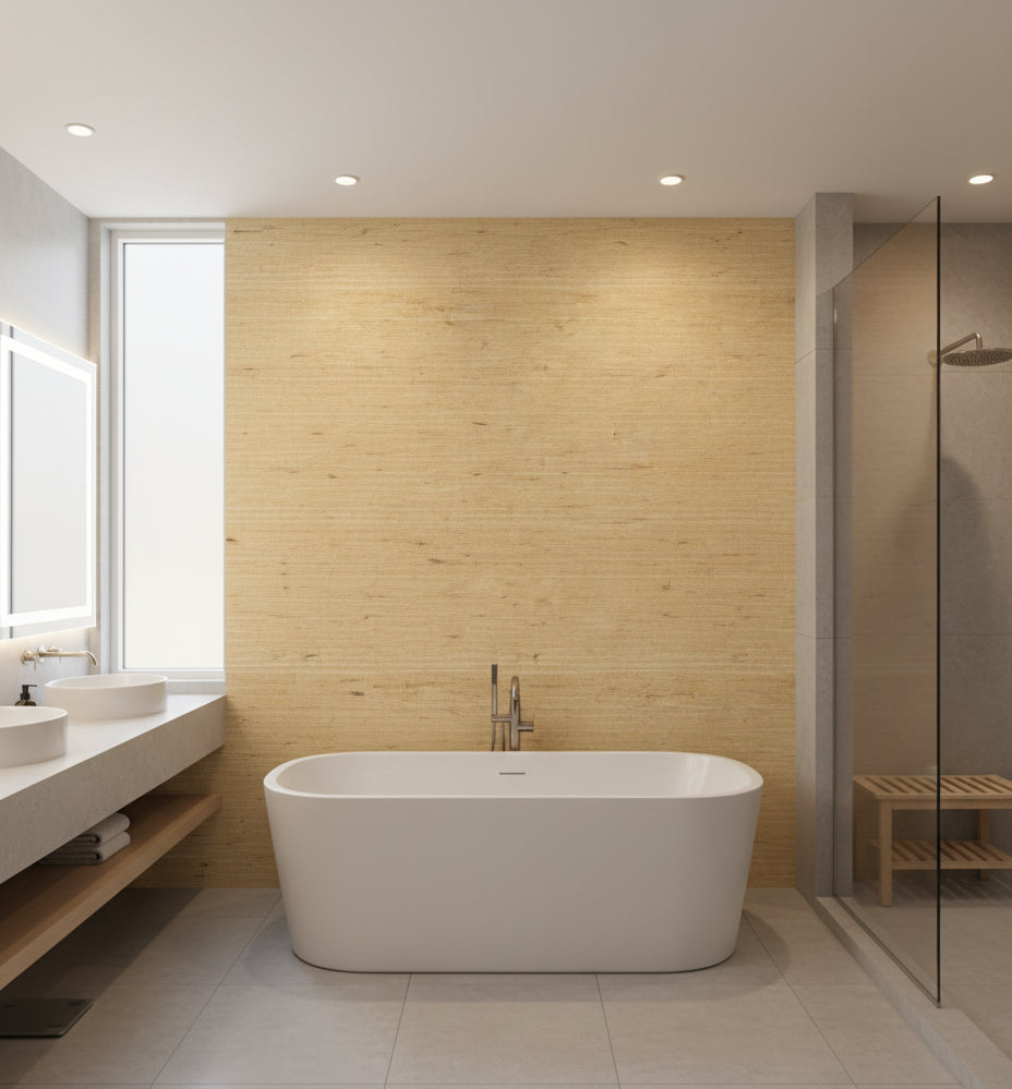Palermo Wheat Coarse Grasscloth Wallcovering | Fentucci - bathroom room setting
