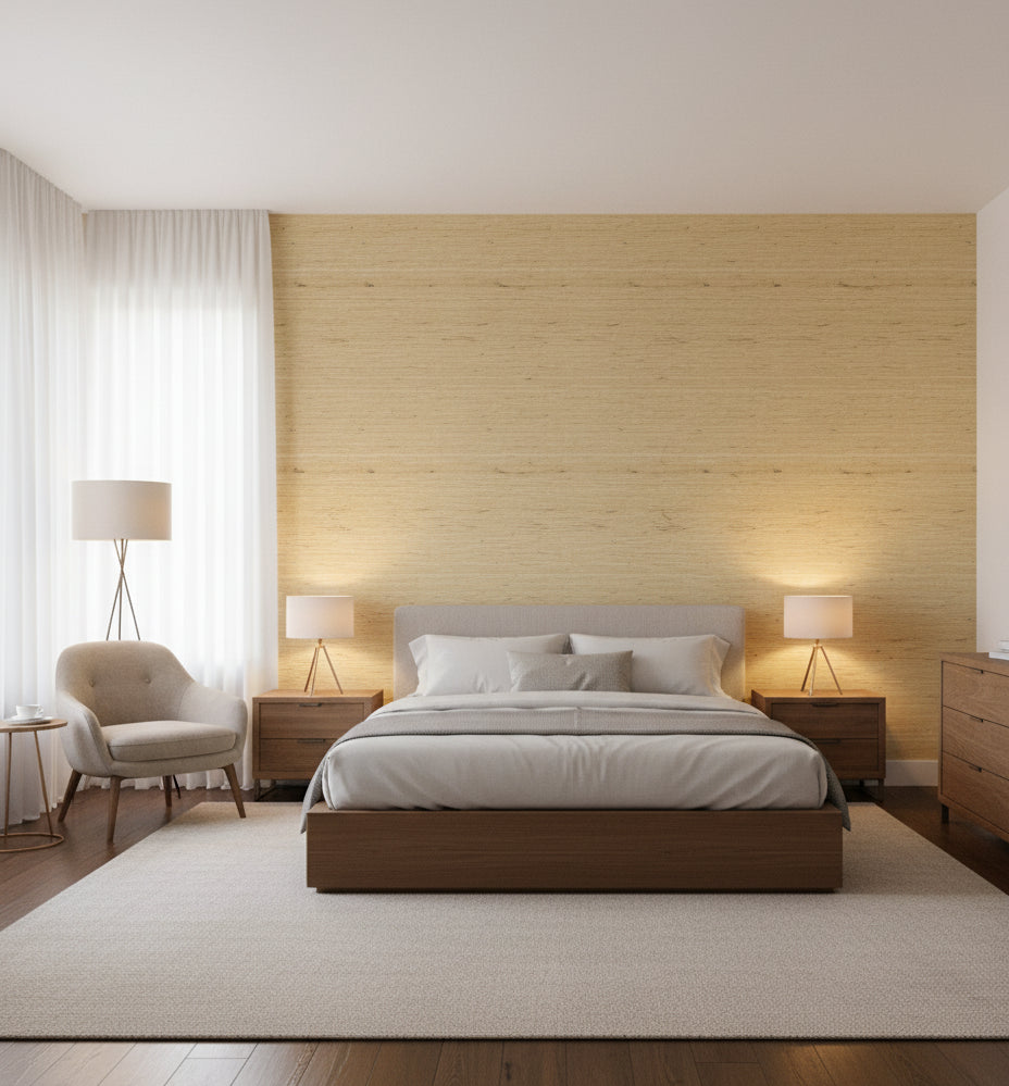 Palermo Wheat Coarse Grasscloth Wallcovering | Fentucci - bedroom room setting