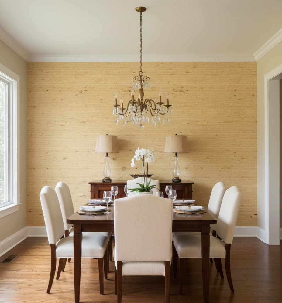 Palermo Wheat Coarse Grasscloth Wallcovering | Fentucci - dining room room setting