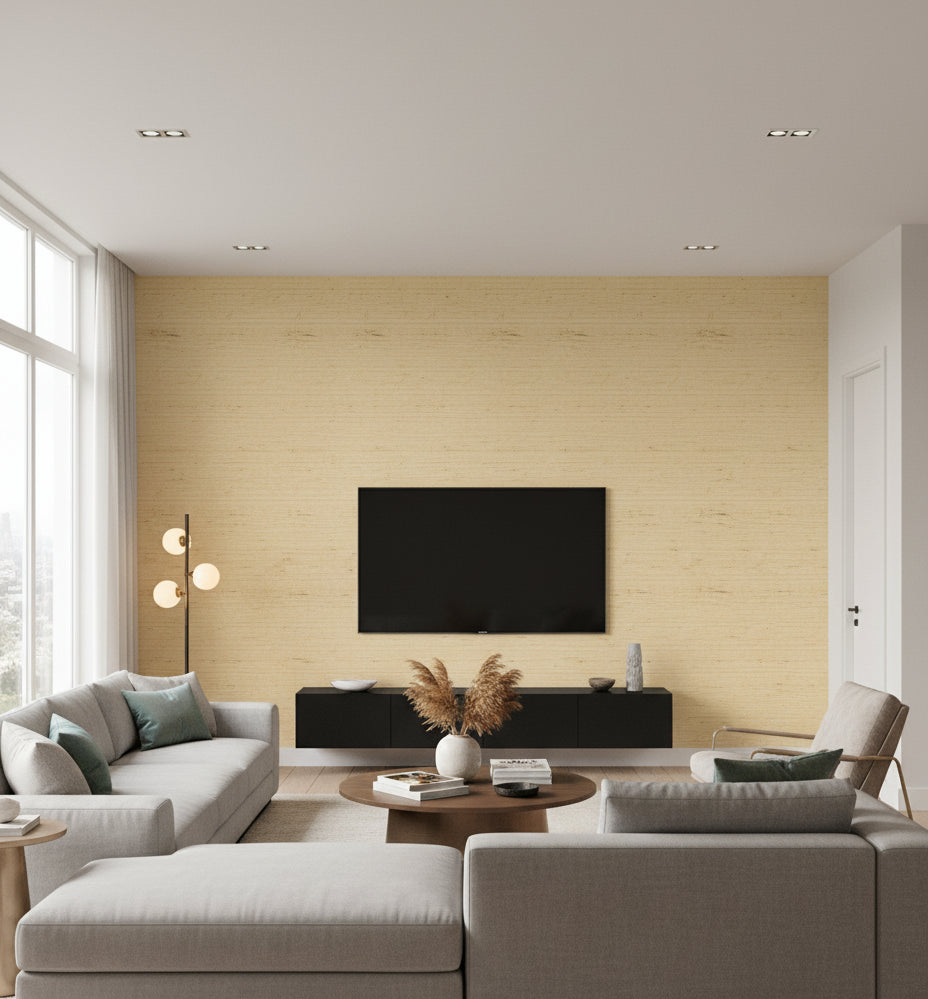 Palermo Wheat Coarse Grasscloth Wallcovering | Fentucci - living room room setting