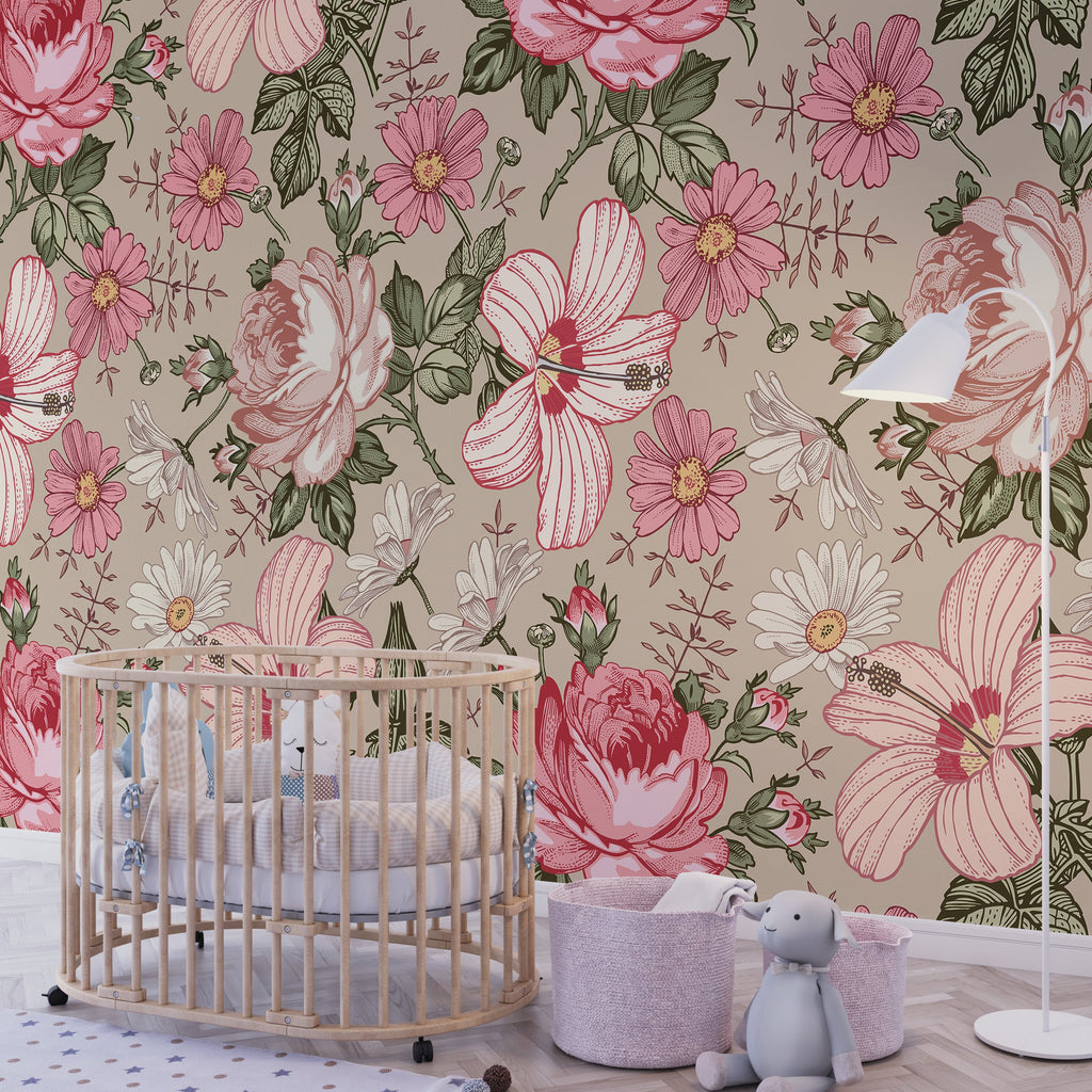Vintage Garden Ð Bold Beige & Fuchsia (Adrian) Wallcovering | DW Bespoke Studios