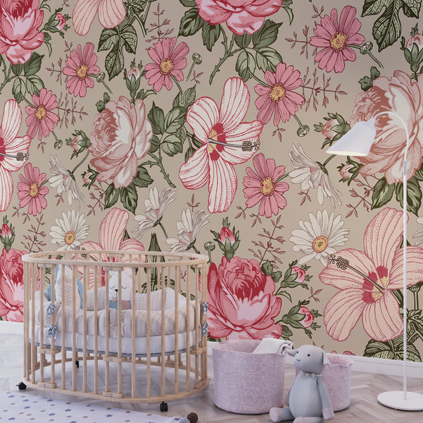 Vintage Garden Ð Bold Beige & Fuchsia (Adrian) Wallcovering | DW Bespoke Studios