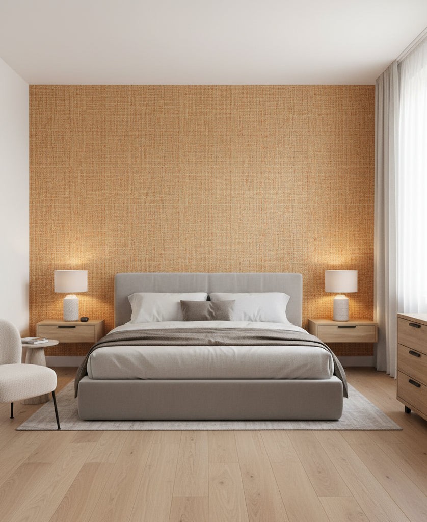 Perugia Amber Grasscloth Wallcovering | Fentucci - bedroom room setting