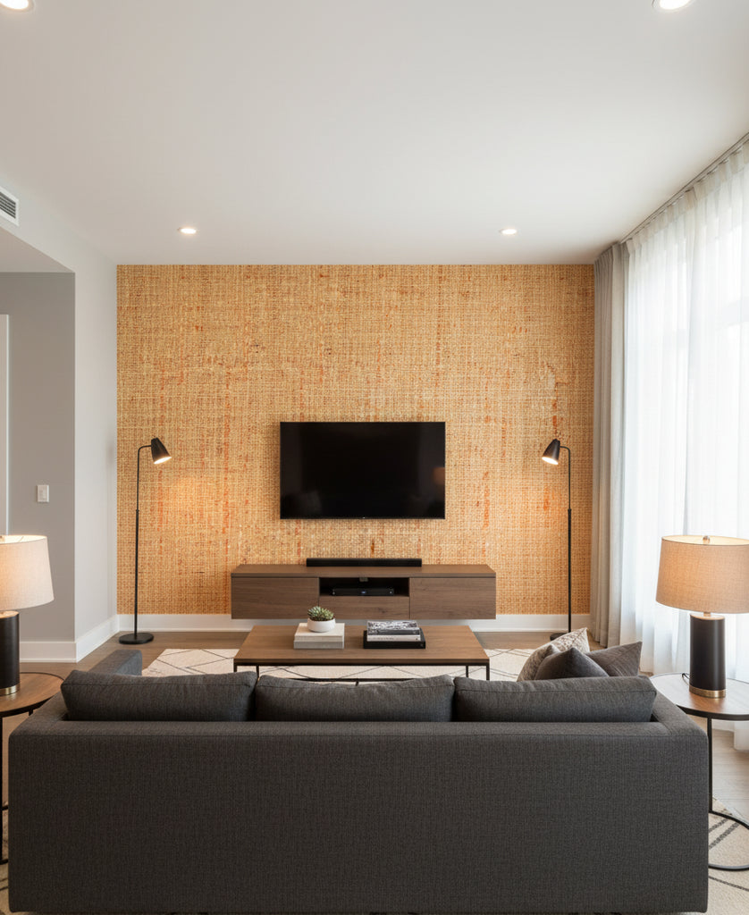Perugia Amber Grasscloth Wallcovering | Fentucci - living room room setting