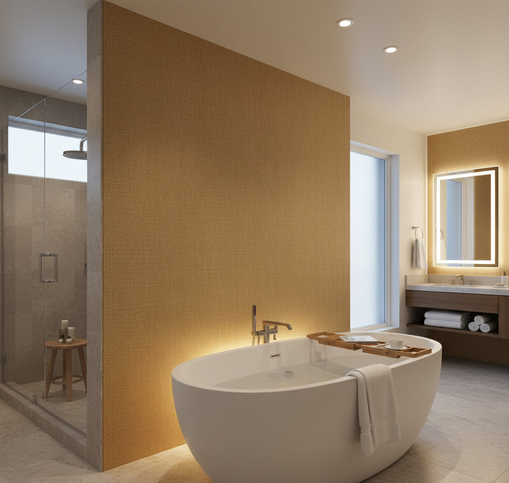 Philipana Grasscloth | Phillipe Romano - bathroom room setting