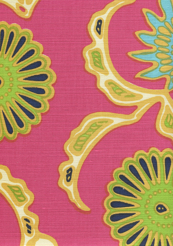 Flora II Pink Yellow Green Blue Screen Printed Fabric | China Seas