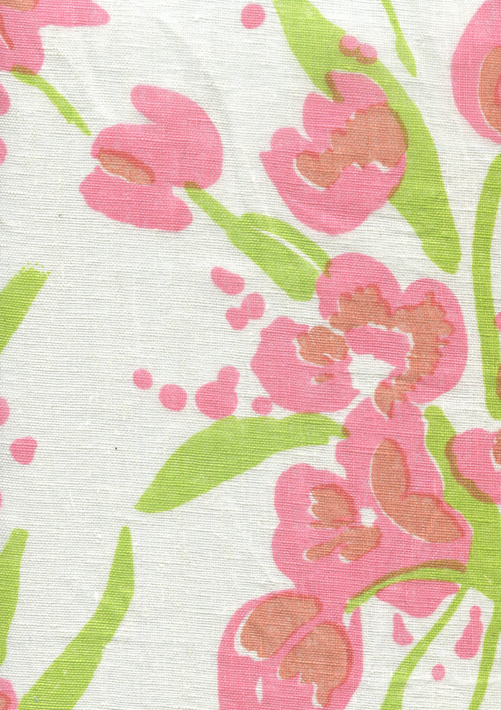 Tulips Multicolor, Pinks Green on White Linen