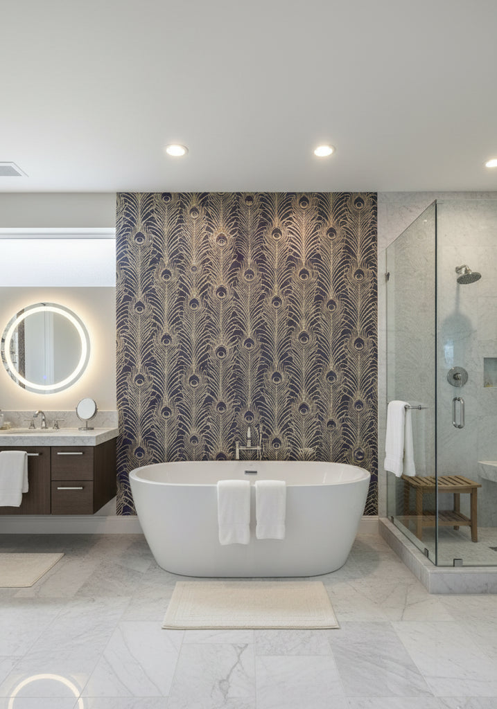 Pippy's Peacock Wallcovering - Dark Blue - bathroom room setting