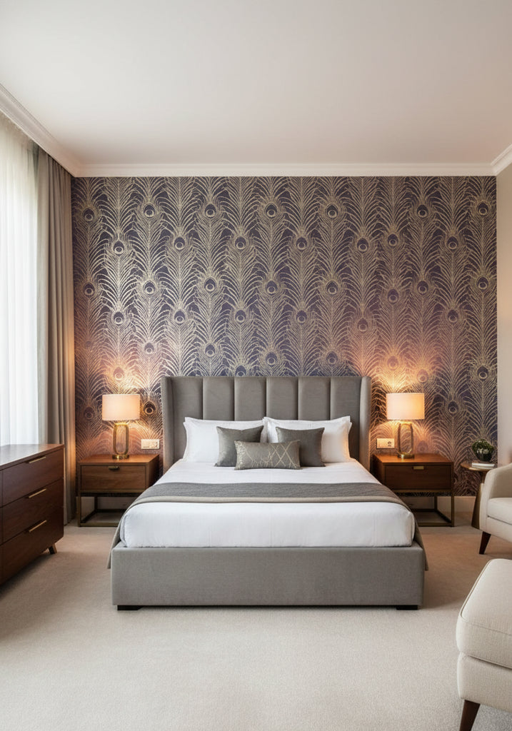 Pippy's Peacock Wallcovering - Dark Blue - bedroom room setting