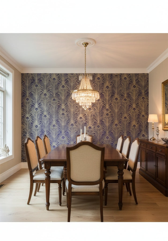 Pippy's Peacock Wallcovering - Dark Blue - dining room room setting