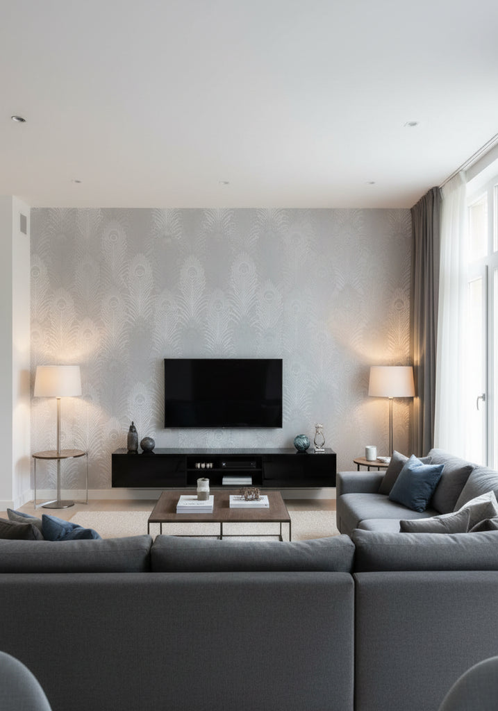 Pippy's Peacock Wallcovering - Silver - living room room setting