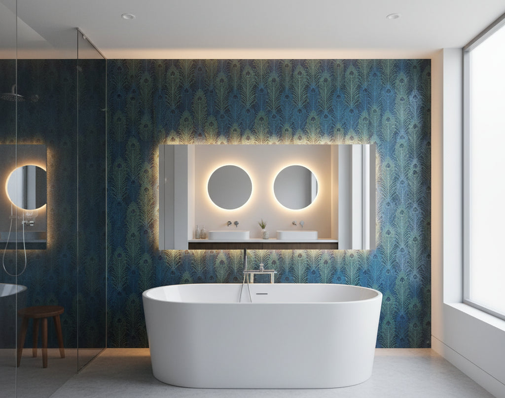 Pippy's Peacock Wallcovering - Silver Room Setting - bathroom room setting