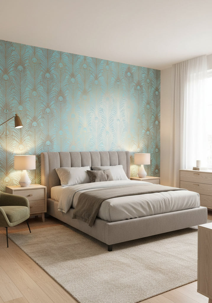 Pippy's Peacock Wallcovering - Teal - bedroom room setting
