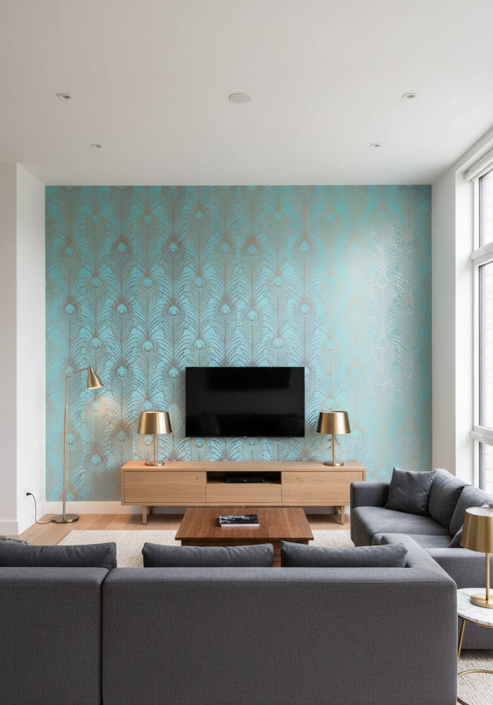 Pippy's Peacock Wallcovering - Teal - living room room setting