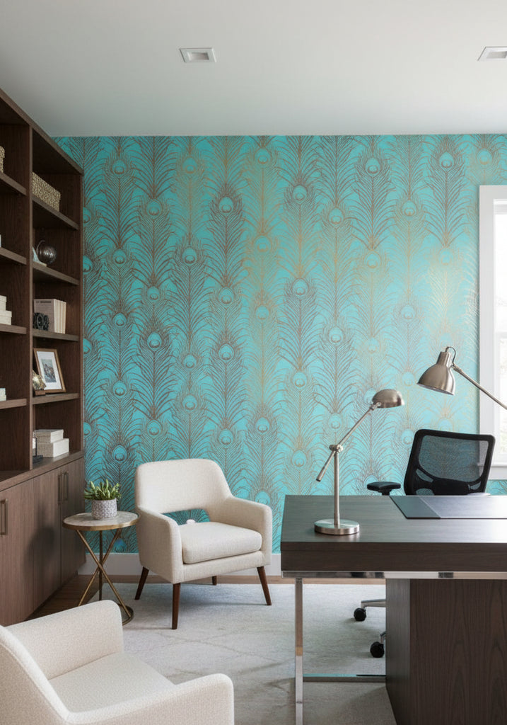 Pippy's Peacock Wallcovering - Teal - office room setting