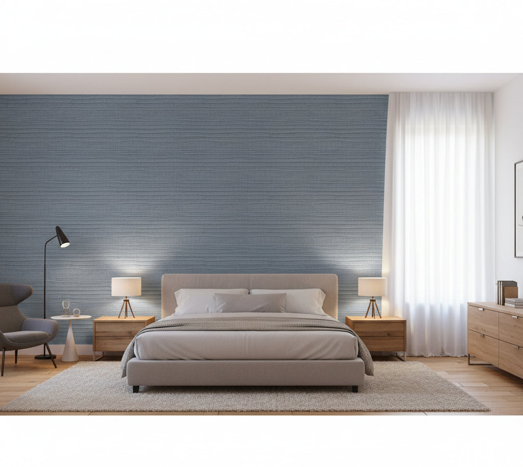 Placido Pleated Grasscloth | Phillipe Romano - bedroom room setting