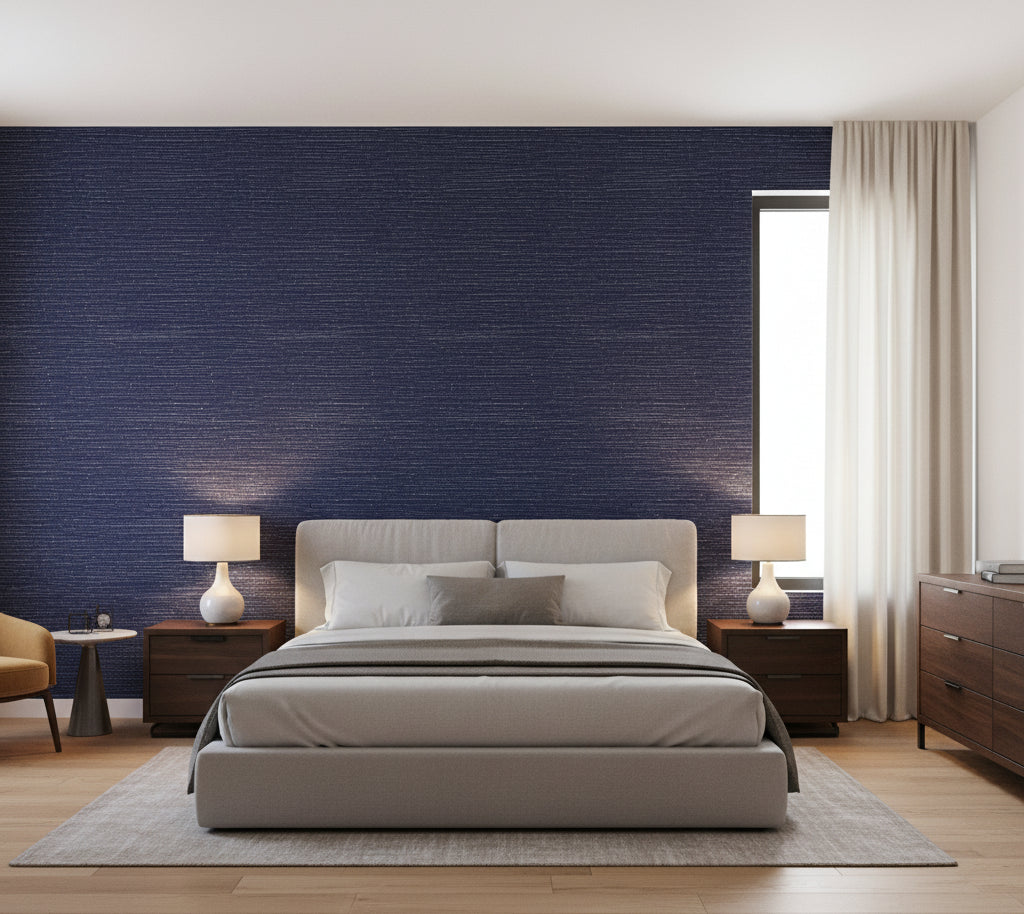 Placido Pleated Grasscloth | Phillipe Romano - bedroom room setting