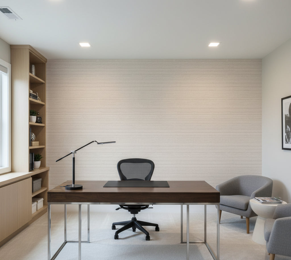 Placido Pleated Grasscloth | Phillipe Romano - office room setting