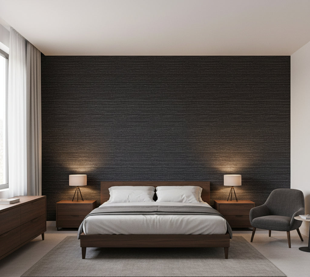 Placido Pleated Grasscloth | Phillipe Romano - bedroom room setting