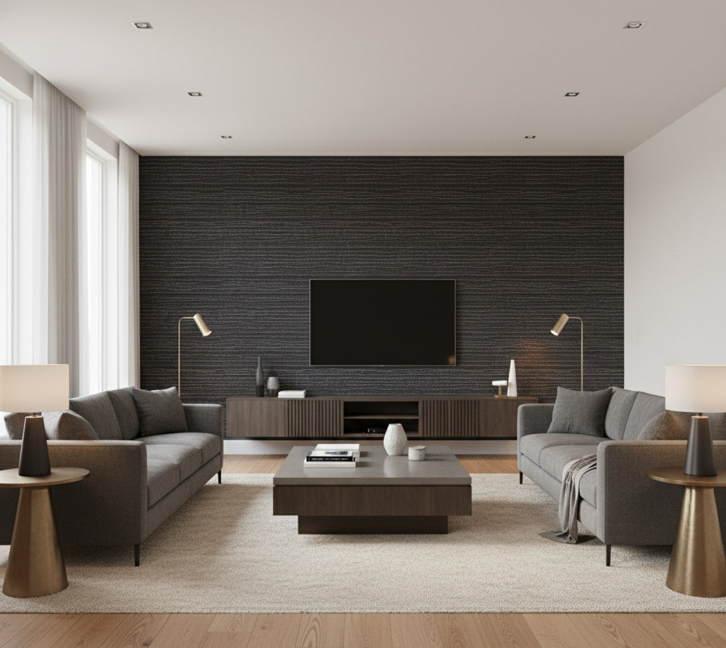 Placido Pleated Grasscloth | Phillipe Romano - living room room setting