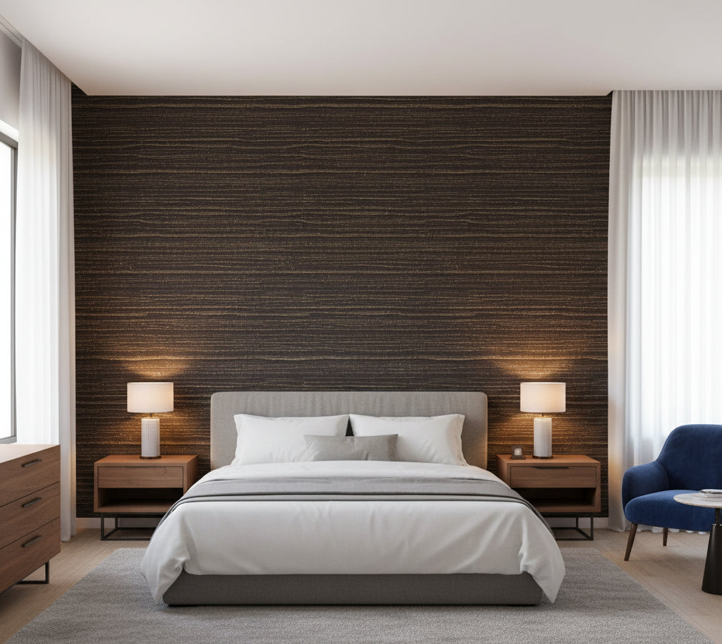Placido Pleated Grasscloth | Phillipe Romano - bedroom room setting