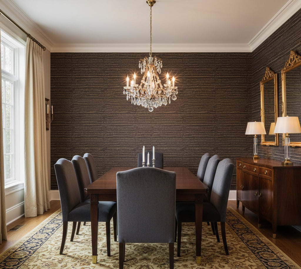 Placido Pleated Grasscloth | Phillipe Romano - dining room room setting