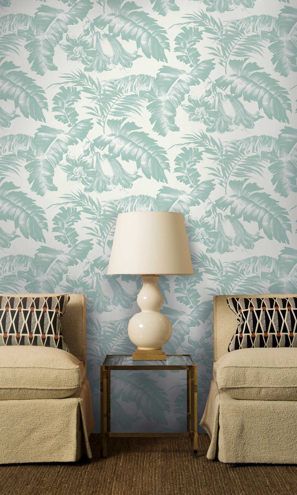 Plantation - Azul Claro White By Gaston Y Daniela | Gaston Libreria |Botanical & Floral Tropical Wallcovering Print