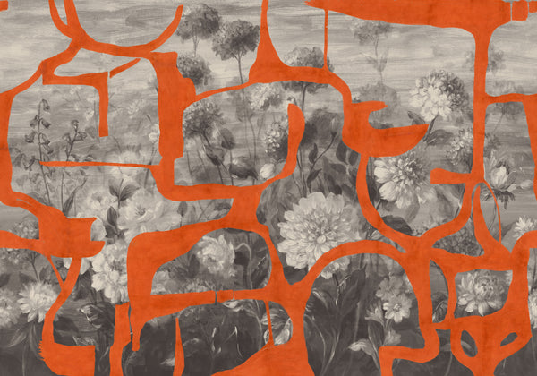 Prehistoric Flowers Orange Wallcovering | Tres Tintas