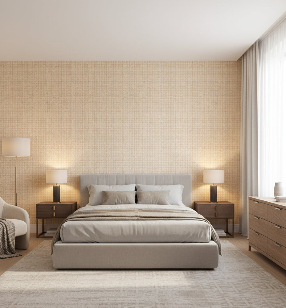Ravenna Natural Basketweave Grasscloth Wallcovering | Fentucci - bedroom room setting